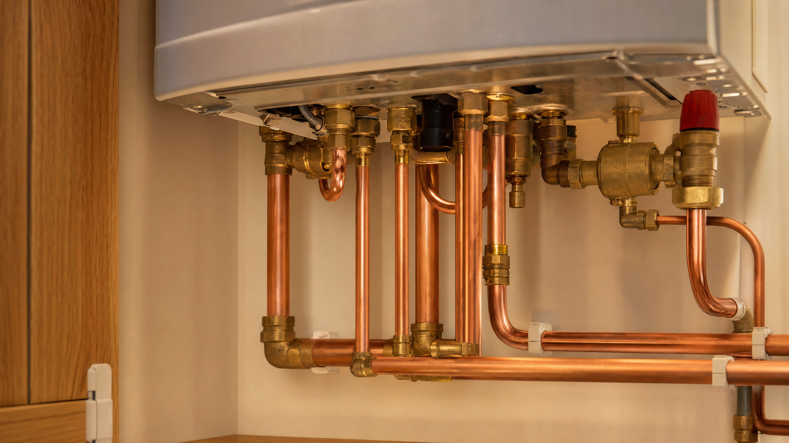 Neat copper pipework beneath a boiler