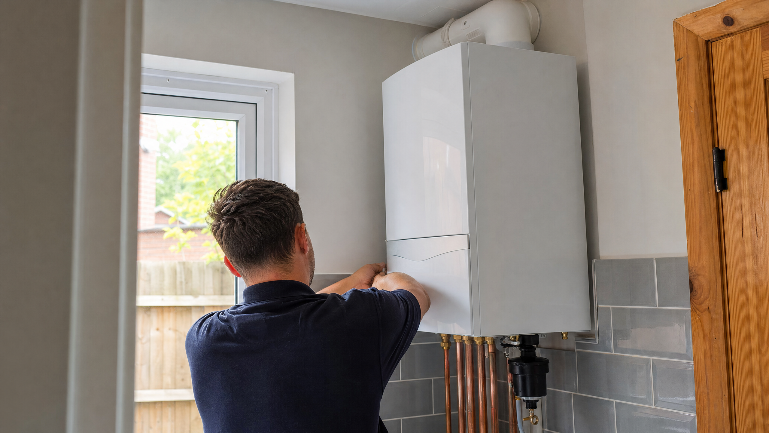 Gas engineer installing a boiler in a British home
